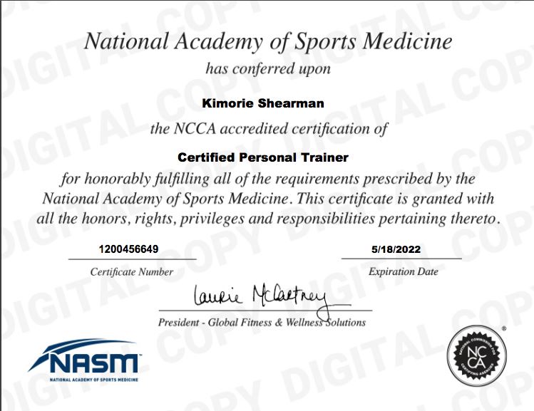 Kimorie Sheearman's certificate from NASM