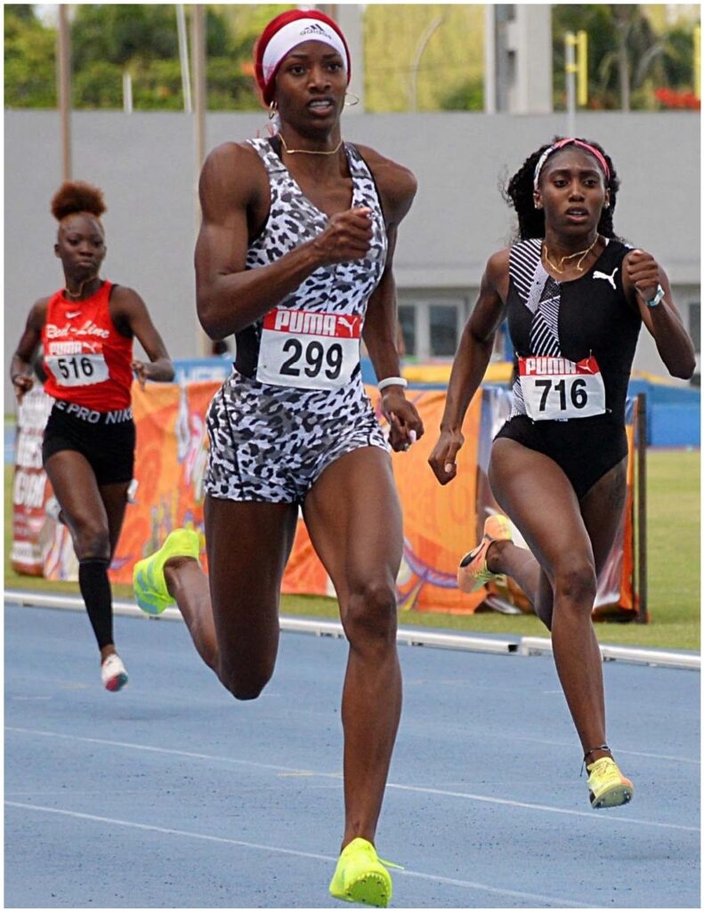 Shaune Miller-Uibo (centre) ahead of Anthonique Strachan (right) and Lacarthea Cooper