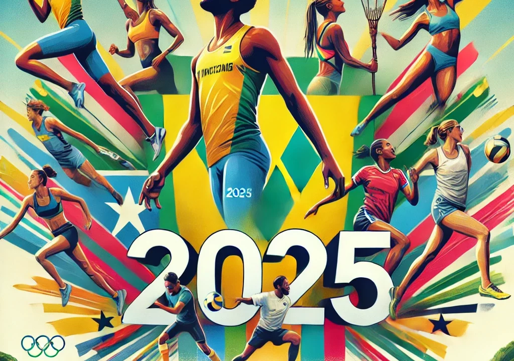 A vibrant collage featuring athletes from various sports including track and field, swimming, football, and netball.