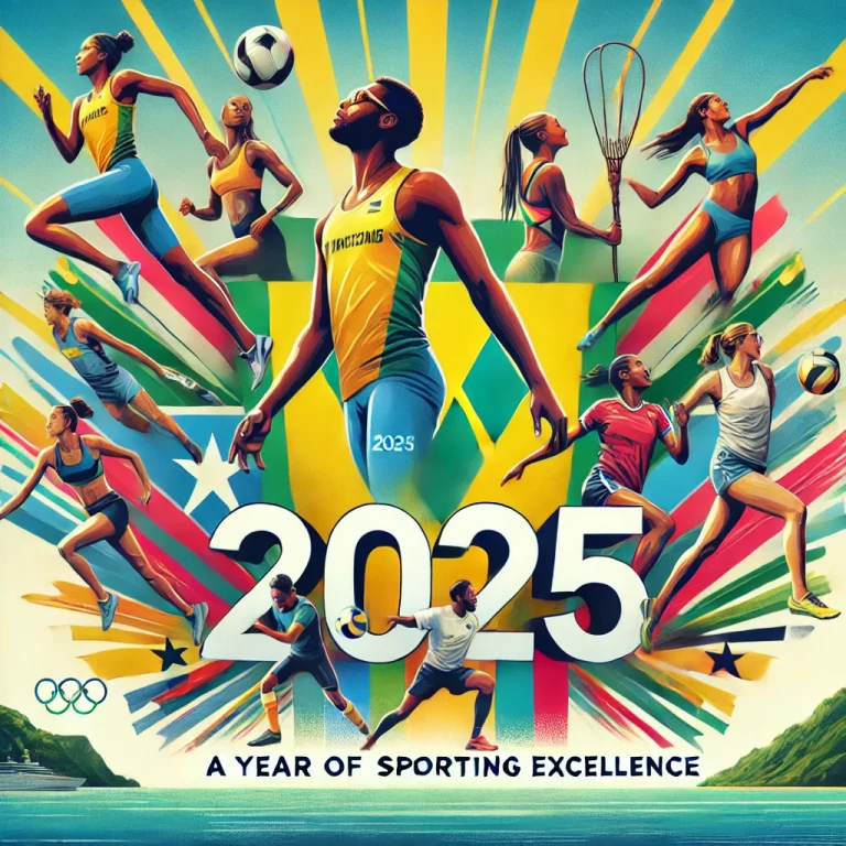 A vibrant collage featuring athletes from various sports including track and field, swimming, football, and netball.