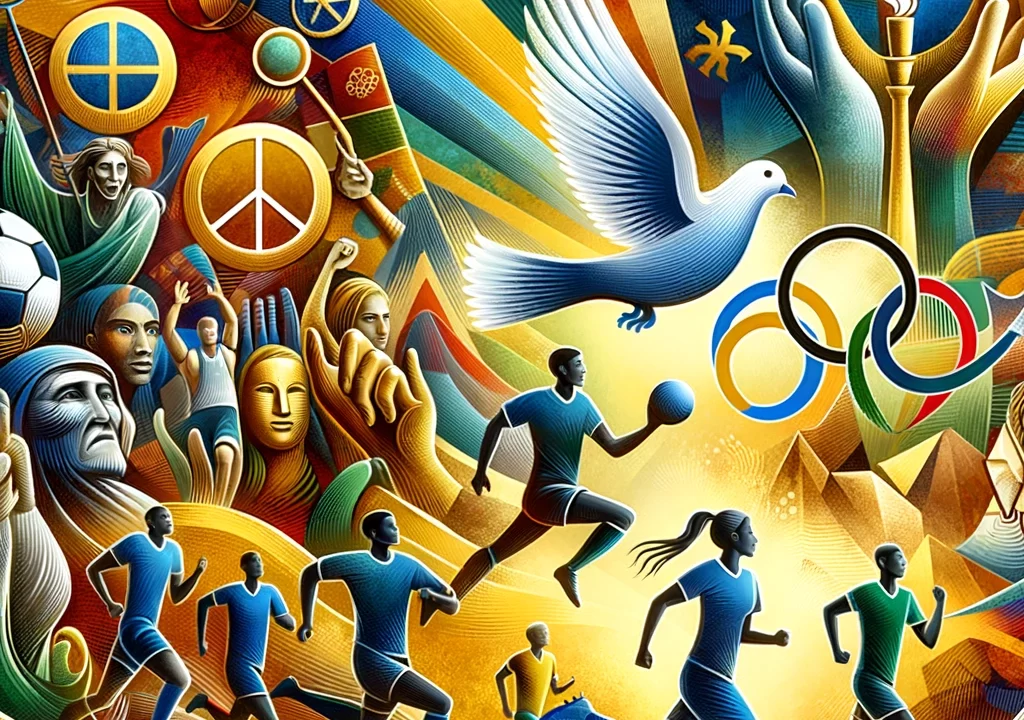 A vibrant and symbolic AI generated illustration showing diverse athletes engaged in various sports