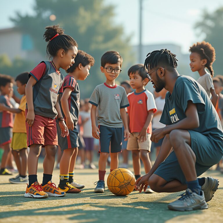 a vibrant community sports event with coaches mentoring children.