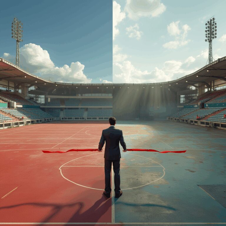 A politician cutting a ribbon at a new stadium; the other side shows a faded, neglected community court.