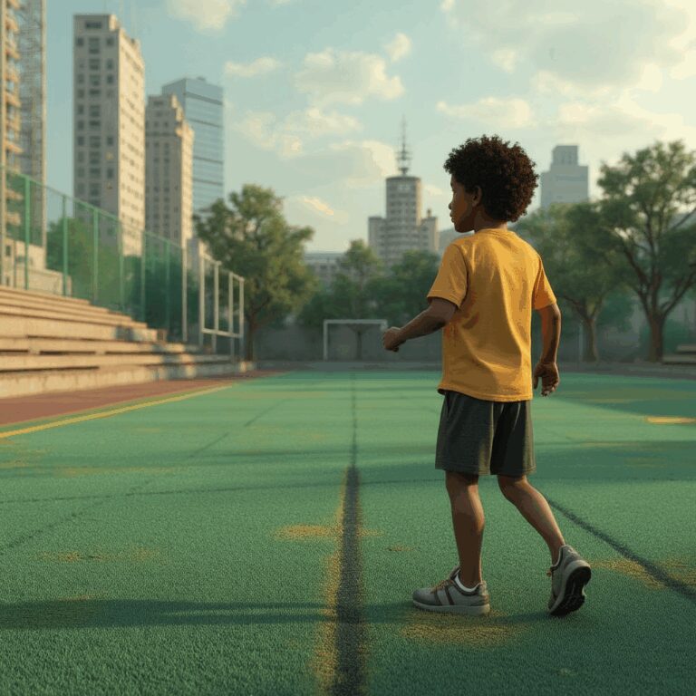 A worn-down, empty local playing field or a young athlete training without proper shoes.