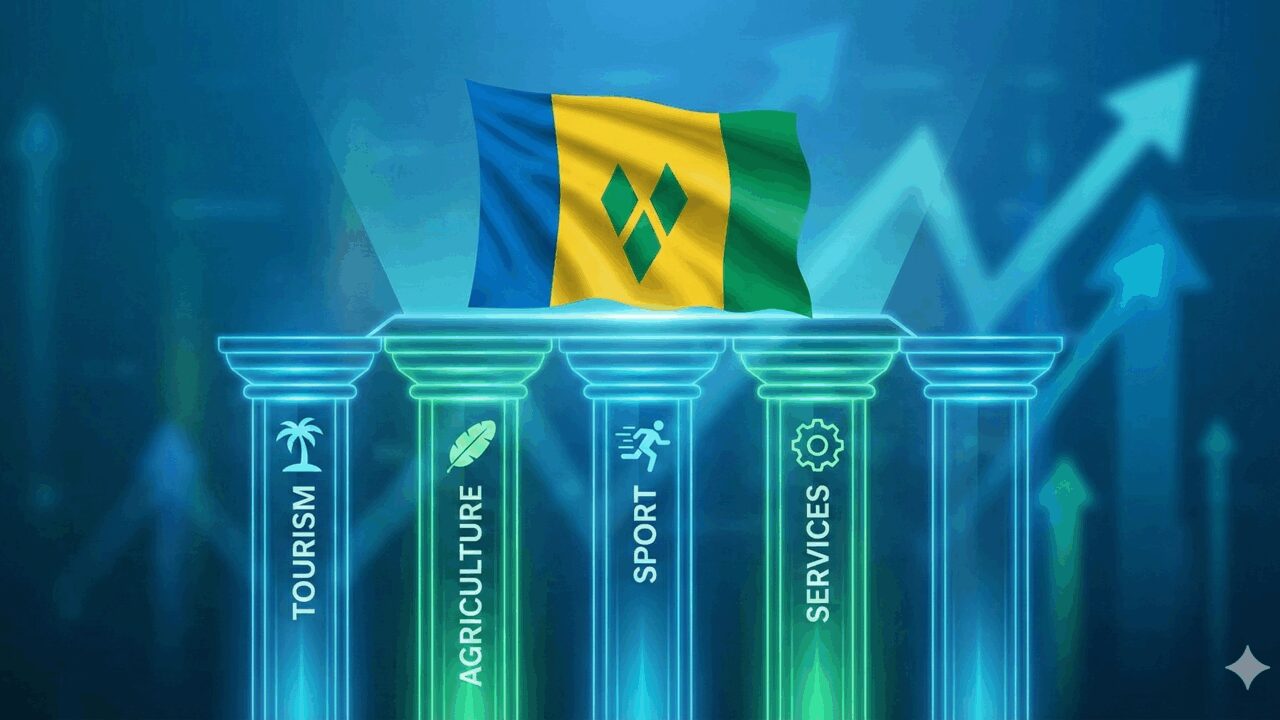 A dynamic graphic showing the pillars of a national economy (Tourism, Agriculture, etc.) with SPORT as a new, central pillar of equal size and importance, supporting the flag of St. Vincent and the Grenadines.