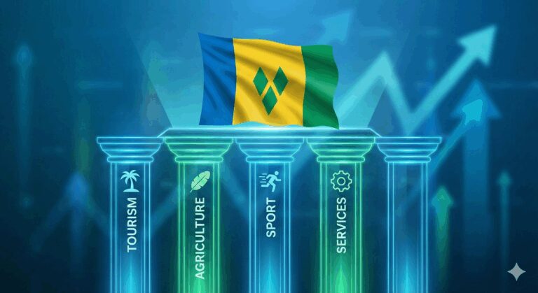 A dynamic graphic showing the pillars of a national economy (Tourism, Agriculture, etc.) with SPORT as a new, central pillar of equal size and importance, supporting the flag of St. Vincent and the Grenadines.