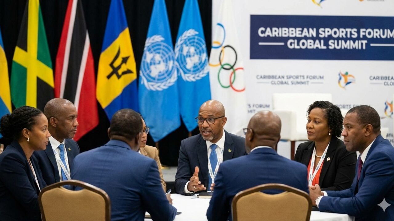 A diverse group of Caribbean sports leaders in discussion at an international sports conference