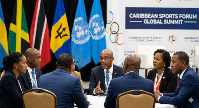 A diverse group of Caribbean sports leaders in discussion at an international sports conference