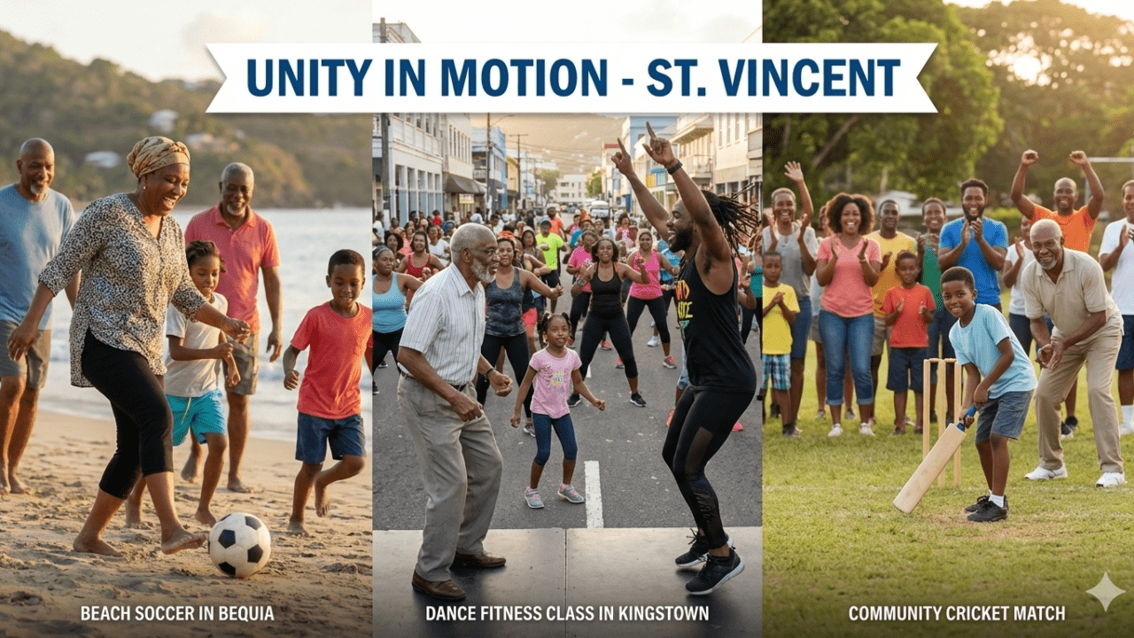 A hopeful composite image showing diverse Vincentians of all ages engaged in community sports or group exercise in a local space (a park, a street, a beach), with a focus on unity and joyful movement.