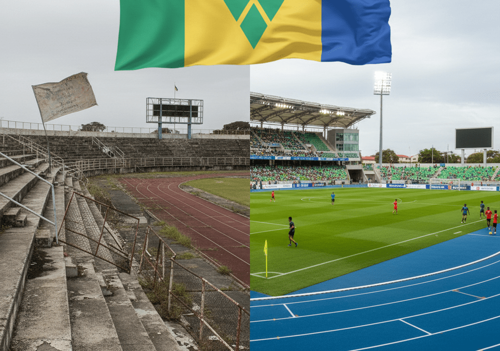 A split image one side shows a faded, worn sports facility with visible disrepair; the other side depicts a modern, well-maintained stadium with athletes in action. The Vincentian flag is subtly incorporated in the background.