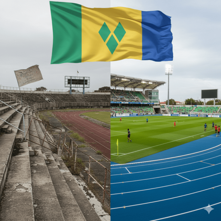A split image one side shows a faded, worn sports facility with visible disrepair; the other side depicts a modern, well-maintained stadium with athletes in action. The Vincentian flag is subtly incorporated in the background.