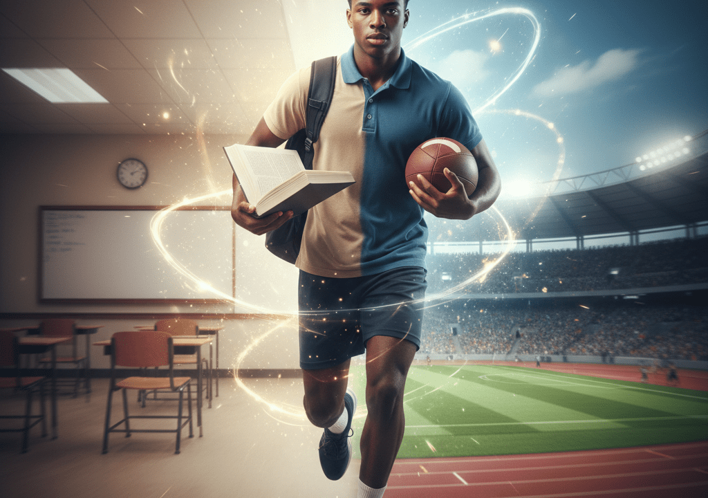A symbolic image showing a student-athlete in motion—holding a book in one hand and a football (or running) in the other, with a blurred background of both a classroom and a stadium.