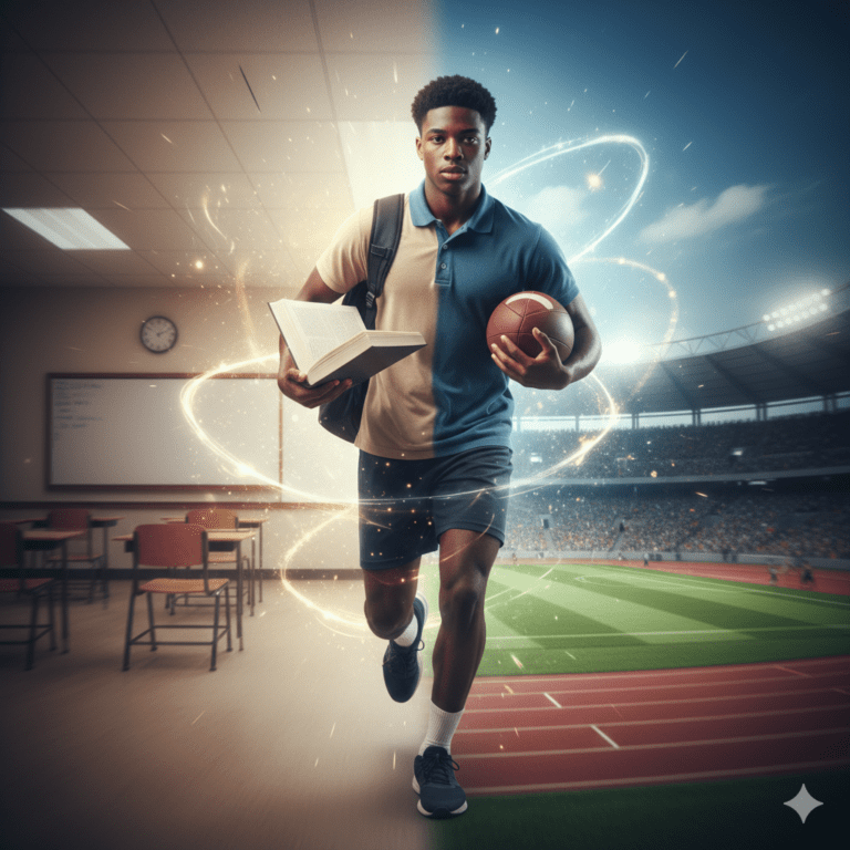 A symbolic image showing a student-athlete in motion—holding a book in one hand and a football (or running) in the other, with a blurred background of both a classroom and a stadium.