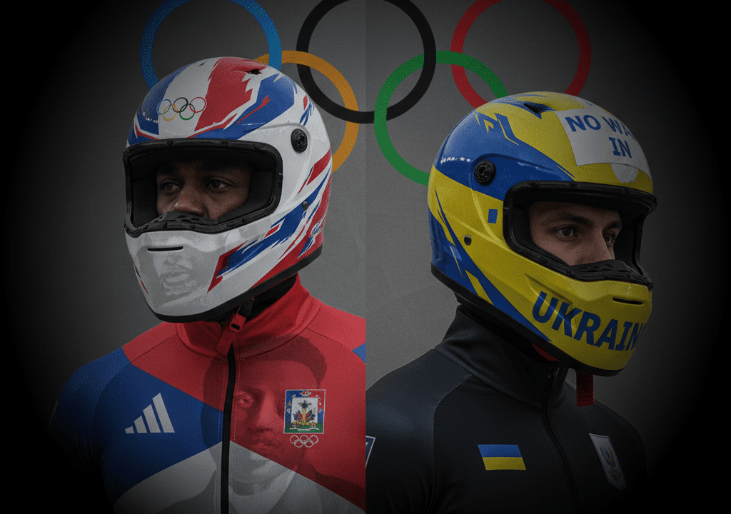 A powerful composite one side shows the banned Haitian uniform with Toussaint L'Ouverture's image faintly visible; the other shows Ukrainian skeleton racer Vladyslav Heraskevych's protest helmet