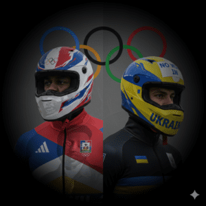 A powerful composite one side shows the banned Haitian uniform with Toussaint L'Ouverture's image faintly visible; the other shows Ukrainian skeleton racer Vladyslav Heraskevych's protest helmet