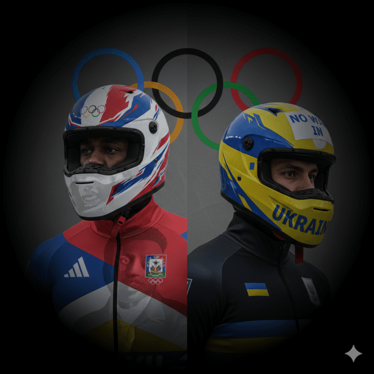 A powerful composite one side shows the banned Haitian uniform with Toussaint L'Ouverture's image faintly visible; the other shows Ukrainian skeleton racer Vladyslav Heraskevych's protest helmet