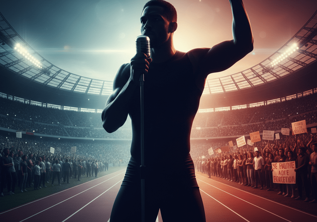 A powerful, symbolic image an athlete’s silhouette holding a microphone in one hand and a raised fist in the other, against a gradient backdrop of a stadium and protest crowds.