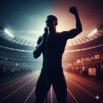 A powerful, symbolic image an athlete’s silhouette holding a microphone in one hand and a raised fist in the other, against a gradient backdrop of a stadium and protest crowds.