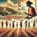 A dynamic collage primary school athletes racing on a track, inset with a portrait of a female coach mentoring young girls, set against the backdrop of the Diamond track.