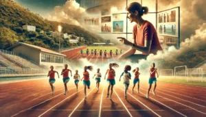 A dynamic collage primary school athletes racing on a track, inset with a portrait of a female coach mentoring young girls, set against the backdrop of the Diamond track.