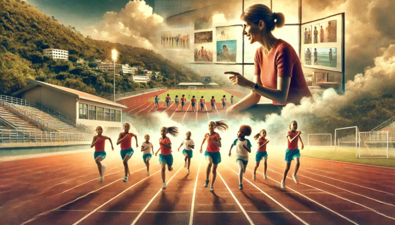 A dynamic collage primary school athletes racing on a track, inset with a portrait of a female coach mentoring young girls, set against the backdrop of the Diamond track.