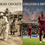 A powerful composite image: one side shows a vintage colonial-era cricket match with Caribbean players in subservient roles; the other shows modern Caribbean athletes on a global stage, with subtle overlays of currency symbols and industrial gears representing untapped economic potential.