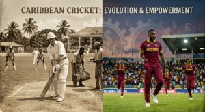 A powerful composite image: one side shows a vintage colonial-era cricket match with Caribbean players in subservient roles; the other shows modern Caribbean athletes on a global stage, with subtle overlays of currency symbols and industrial gears representing untapped economic potential.