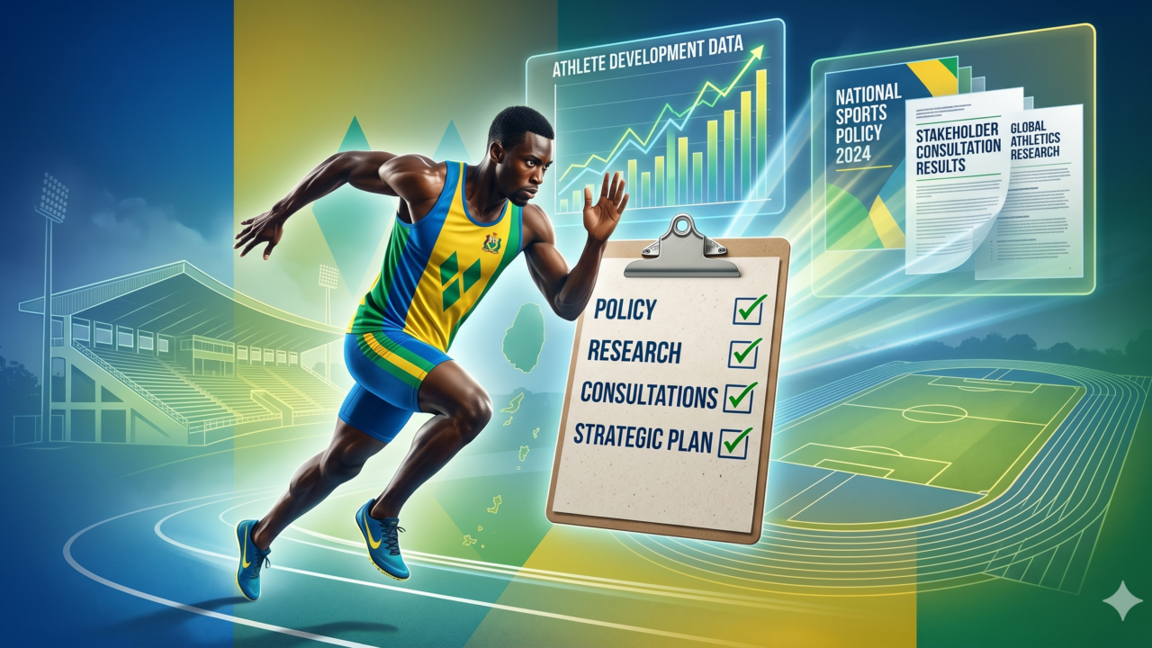 A conceptual image a Vincentian track and field athlete in motion, overlaid with transparent graphs, research documents, and a clipboard showing checkmarks for “Policy,” “Research,” “Consultations,” and “Strategic Plan.” In the background, a faint outline of Arnos Vale Stadium and the Diamond athletics track. The colours reflect the Vincentian flag.