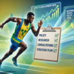 A conceptual image a Vincentian track and field athlete in motion, overlaid with transparent graphs, research documents, and a clipboard showing checkmarks for “Policy,” “Research,” “Consultations,” and “Strategic Plan.” In the background, a faint outline of Arnos Vale Stadium and the Diamond athletics track. The colours reflect the Vincentian flag.