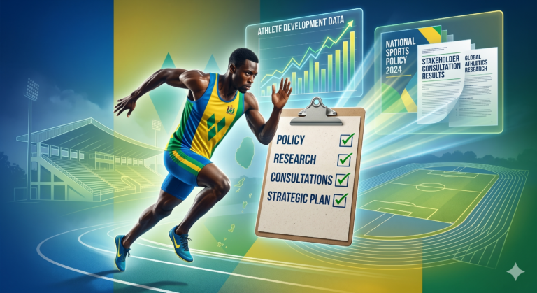 A conceptual image a Vincentian track and field athlete in motion, overlaid with transparent graphs, research documents, and a clipboard showing checkmarks for “Policy,” “Research,” “Consultations,” and “Strategic Plan.” In the background, a faint outline of Arnos Vale Stadium and the Diamond athletics track. The colours reflect the Vincentian flag.