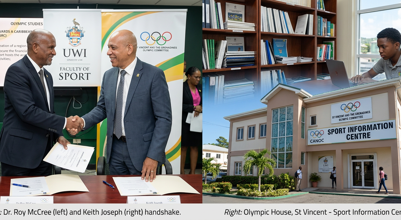 A professional composite image on the left, Dr Roy McCree (Dean, UWI Faculty of Sport) and Keith Joseph (CANOC President) shaking hands at the Protocol signing. On the right, the exterior of Olympic House in St Vincent with a sign reading “Sport Information Centre.” In the background, a shelf of archived sporting documents and a student conducting research on a laptop.