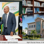 A professional composite image on the left, Dr Roy McCree (Dean, UWI Faculty of Sport) and Keith Joseph (CANOC President) shaking hands at the Protocol signing. On the right, the exterior of Olympic House in St Vincent with a sign reading “Sport Information Centre.” In the background, a shelf of archived sporting documents and a student conducting research on a laptop.
