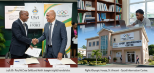 A professional composite image on the left, Dr Roy McCree (Dean, UWI Faculty of Sport) and Keith Joseph (CANOC President) shaking hands at the Protocol signing. On the right, the exterior of Olympic House in St Vincent with a sign reading “Sport Information Centre.” In the background, a shelf of archived sporting documents and a student conducting research on a laptop.