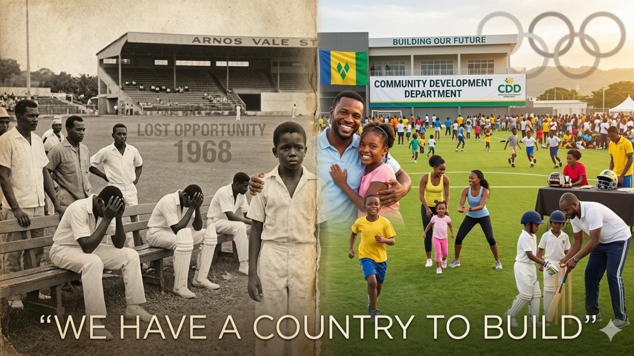 A split image one side shows a faded photograph of a community sports event from the past (reflecting the lost opportunity); the other shows Vincentian children and families being active together on a green field, with a Community Development Department banner in the background. The calypso lyric “We have a country to build” is subtly integrated.