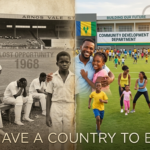 A split image one side shows a faded photograph of a community sports event from the past (reflecting the lost opportunity); the other shows Vincentian children and families being active together on a green field, with a Community Development Department banner in the background. The calypso lyric “We have a country to build” is subtly integrated.