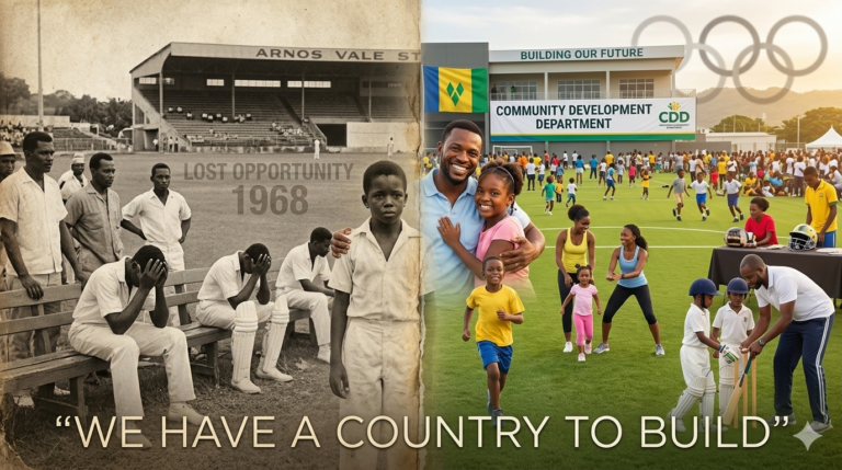 A split image one side shows a faded photograph of a community sports event from the past (reflecting the lost opportunity); the other shows Vincentian children and families being active together on a green field, with a Community Development Department banner in the background. The calypso lyric “We have a country to build” is subtly integrated.
