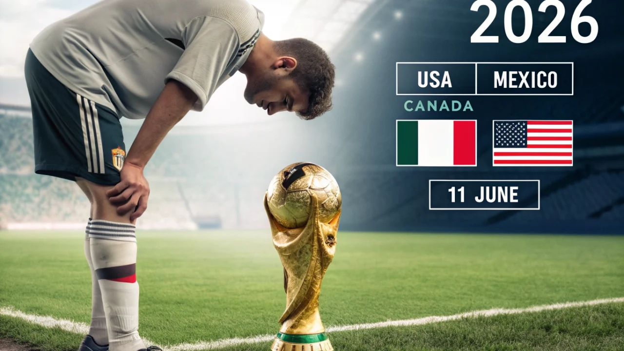 A split image: on the left, a footballer visibly exhausted, leaning over with hands on knees on a pitch. On the right, the FIFA World Cup 2026 trophy with USA, Mexico, and Canada flags in the background. A faint overlay of a calendar showing “11 June” and a clock with tired eyes.