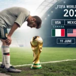 A split image: on the left, a footballer visibly exhausted, leaning over with hands on knees on a pitch. On the right, the FIFA World Cup 2026 trophy with USA, Mexico, and Canada flags in the background. A faint overlay of a calendar showing “11 June” and a clock with tired eyes.