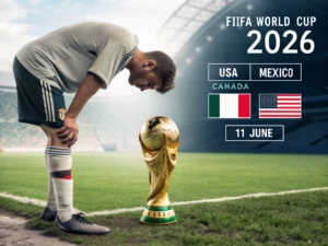 A split image: on the left, a footballer visibly exhausted, leaning over with hands on knees on a pitch. On the right, the FIFA World Cup 2026 trophy with USA, Mexico, and Canada flags in the background. A faint overlay of a calendar showing “11 June” and a clock with tired eyes.