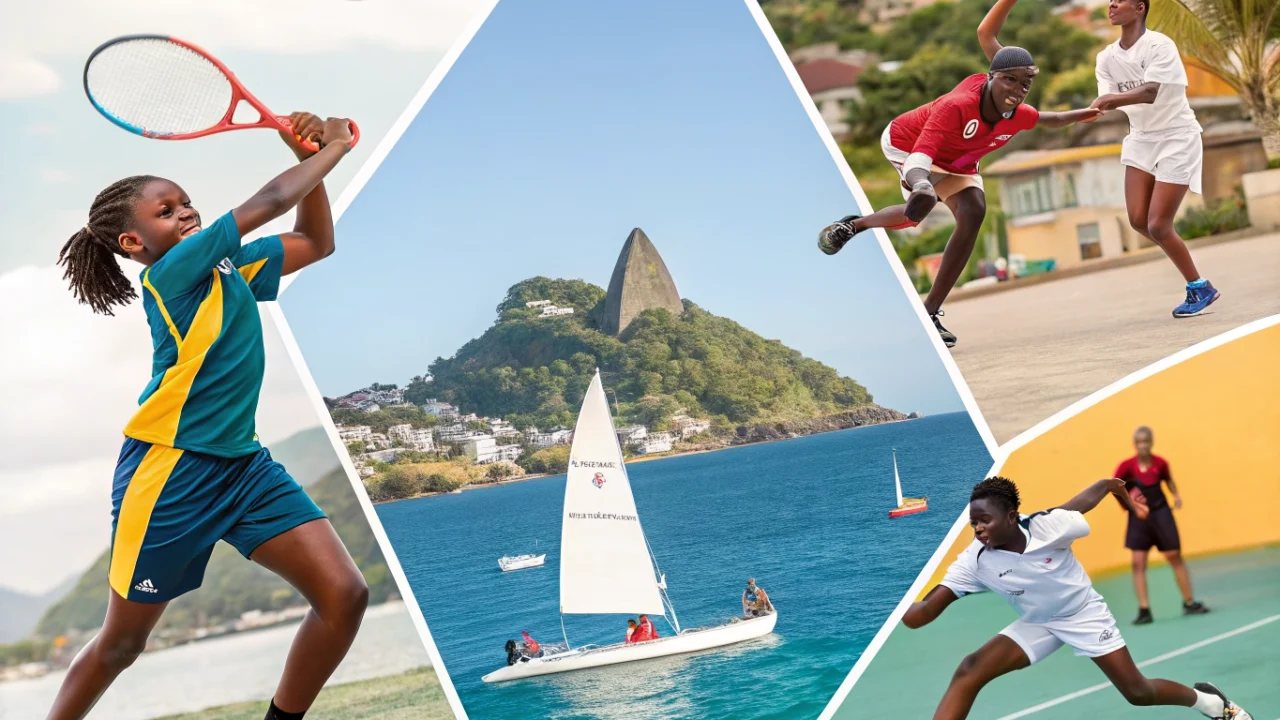 A vibrant collage of young Vincentians in action: tennis player on court, sailor at Canash Beach, netballer shooting, karateka in white gi, cyclist on road, squash player at National Squash Centre, swimmer in pool, rugby players at Sion Hill, volleyball spiker, and athlete running on track.