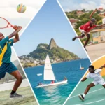 A vibrant collage of young Vincentians in action: tennis player on court, sailor at Canash Beach, netballer shooting, karateka in white gi, cyclist on road, squash player at National Squash Centre, swimmer in pool, rugby players at Sion Hill, volleyball spiker, and athlete running on track.
