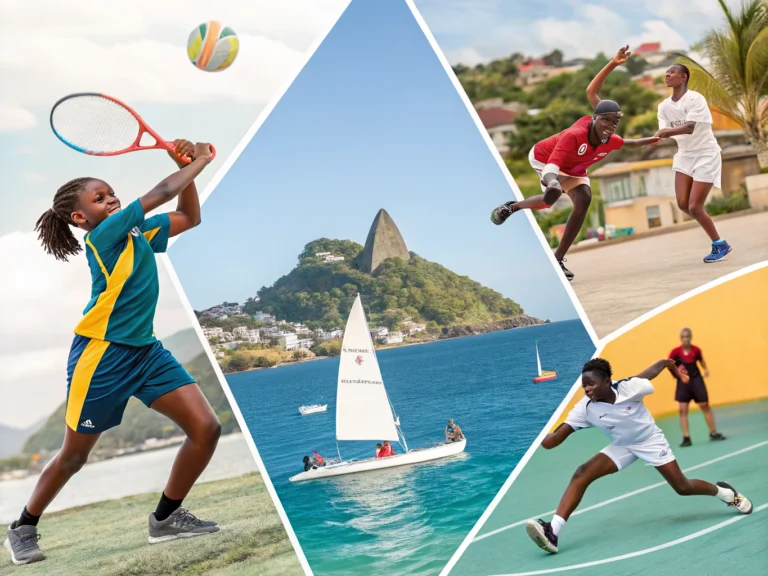 A vibrant collage of young Vincentians in action: tennis player on court, sailor at Canash Beach, netballer shooting, karateka in white gi, cyclist on road, squash player at National Squash Centre, swimmer in pool, rugby players at Sion Hill, volleyball spiker, and athlete running on track.