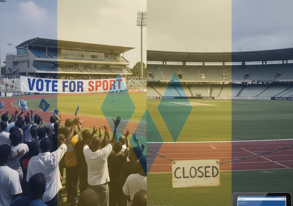 A powerful split image on the left, a political rally with a sports facility in the background and a banner reading Vote for Sport. On the right, the Arnos Vale Cricket Stadium with empty stands, a Closed sign on the Diamond track, and a spreadsheet showing $52m ECD – Cricket World Cup 2007. A subtle overlay of the Vincentian flag.