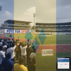 A powerful split image on the left, a political rally with a sports facility in the background and a banner reading Vote for Sport. On the right, the Arnos Vale Cricket Stadium with empty stands, a Closed sign on the Diamond track, and a spreadsheet showing $52m ECD – Cricket World Cup 2007. A subtle overlay of the Vincentian flag.