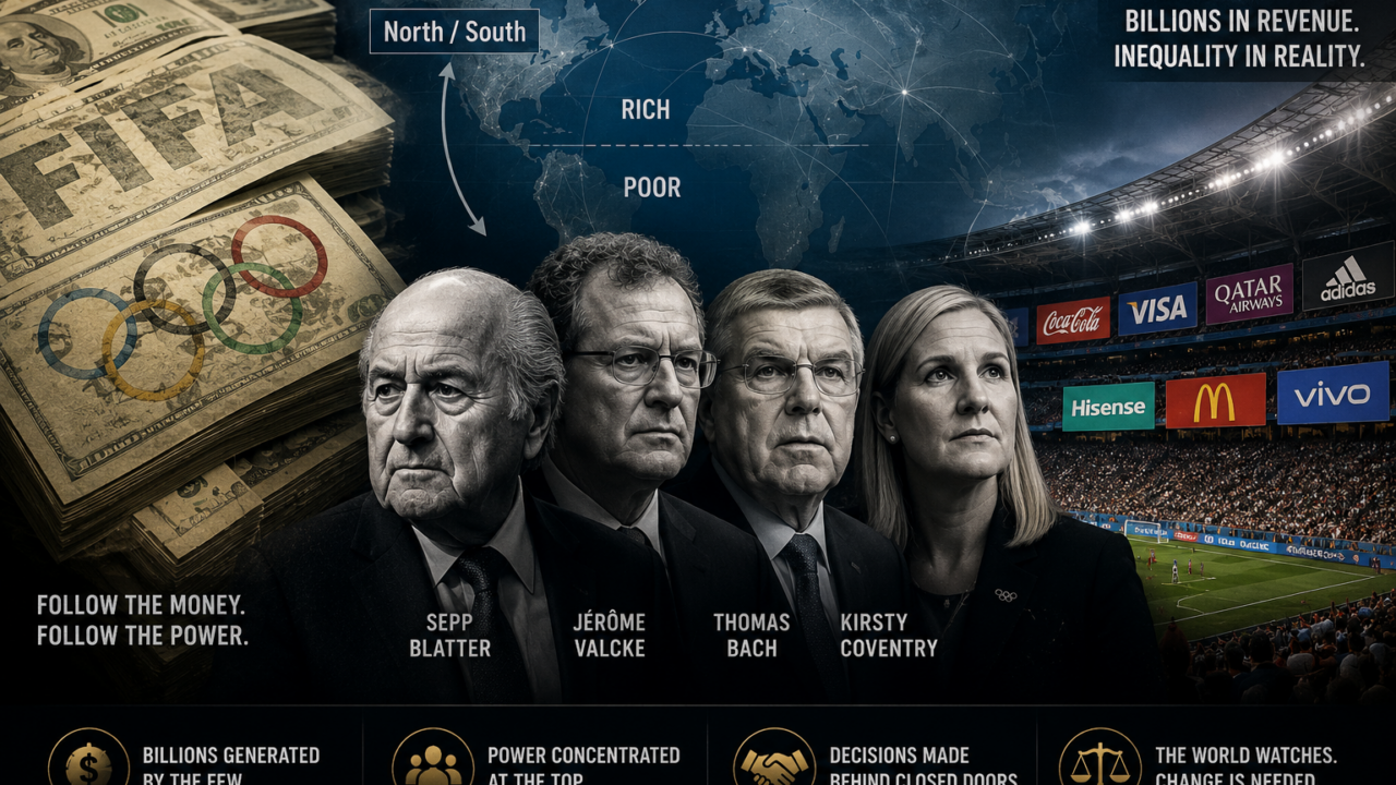 Composite illustration depicting stacks of money, silhouettes of international sports leaders, a sponsor-filled stadium, and a world map highlighting North/South and Rich/Poor divisions to symbolise the relationship between sport governance, commercial influence, and global inequality.