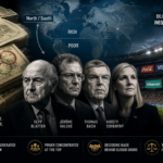 Composite illustration depicting stacks of money, silhouettes of international sports leaders, a sponsor-filled stadium, and a world map highlighting North/South and Rich/Poor divisions to symbolise the relationship between sport governance, commercial influence, and global inequality.