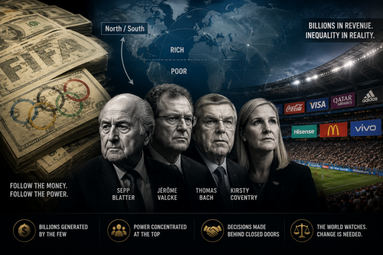 Composite illustration depicting stacks of money, silhouettes of international sports leaders, a sponsor-filled stadium, and a world map highlighting North/South and Rich/Poor divisions to symbolise the relationship between sport governance, commercial influence, and global inequality.