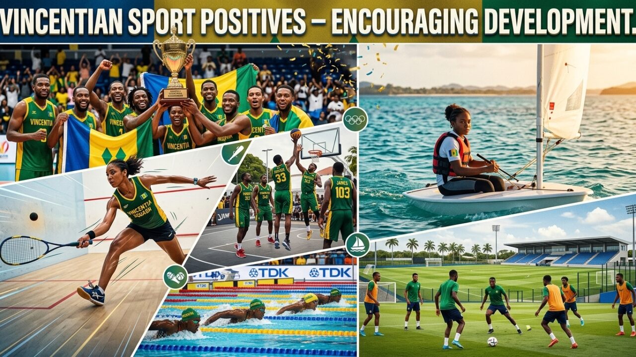 Collage titled Vincentian Sport Positives highlighting basketball, squash, swimming, sailing, and soccer athletes.