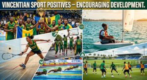 Collage titled Vincentian Sport Positives highlighting basketball, squash, swimming, sailing, and soccer athletes.