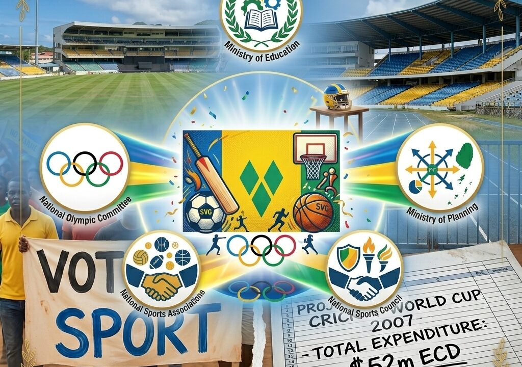 Infographic titled Prioritising Vincentian Sport with SVG sports logos, stadium background, and Cricket World Cup expenditure.